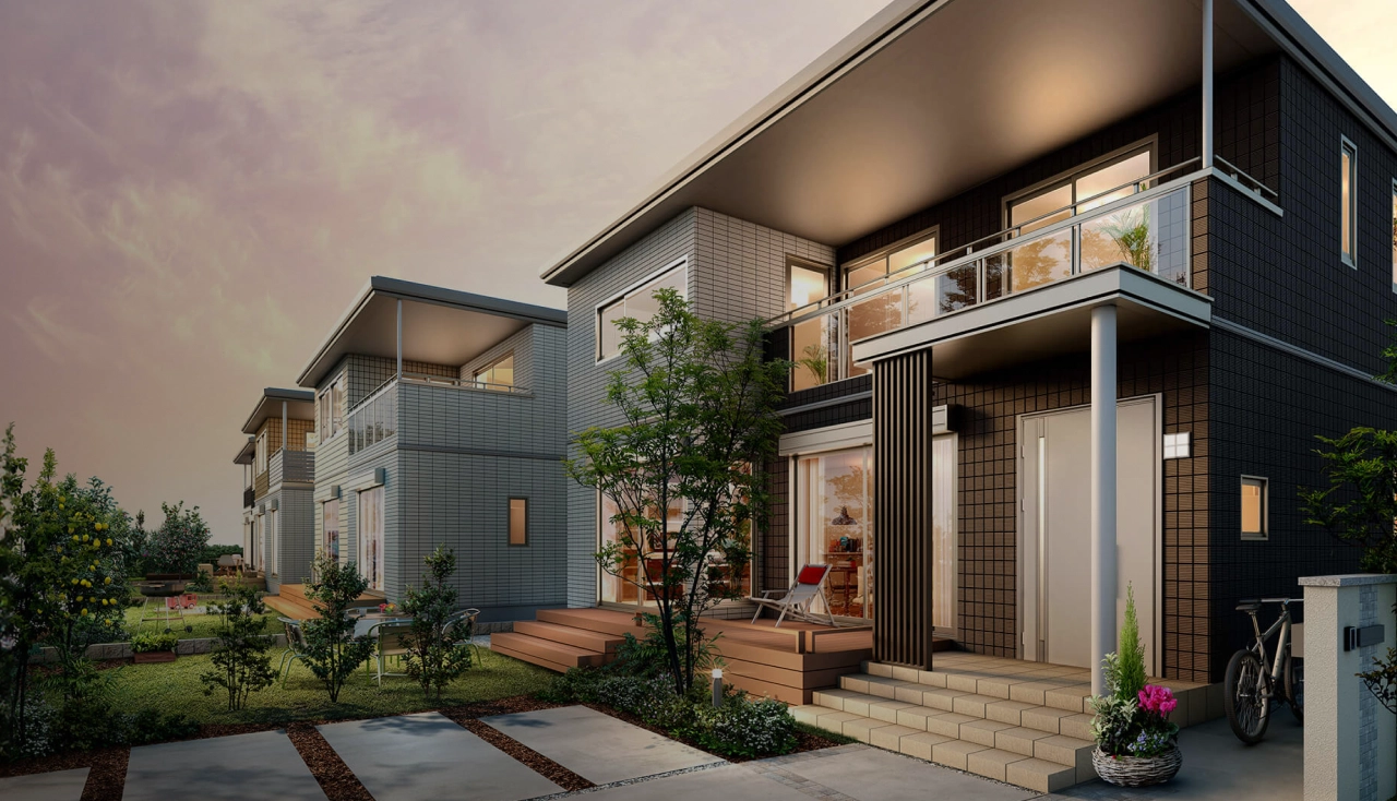 屋根の大きな建物が並ぶまちなみ