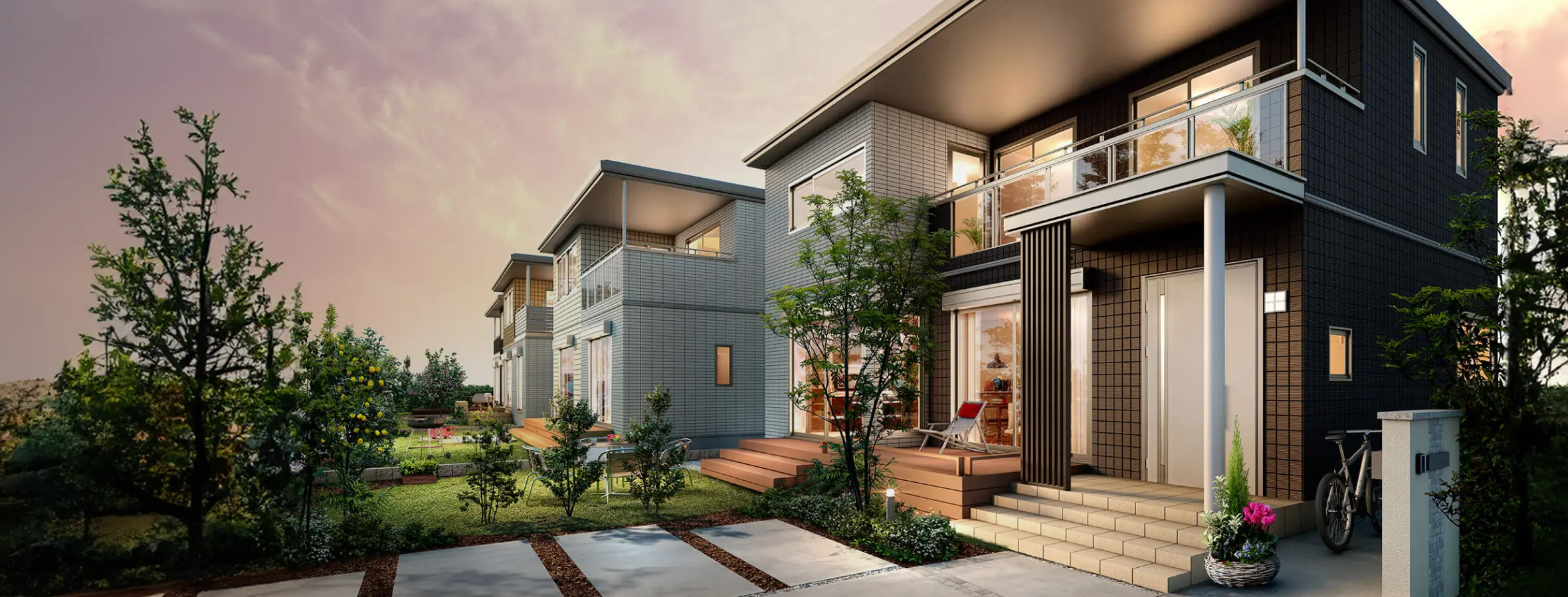 屋根の大きな建物が並ぶまちなみ