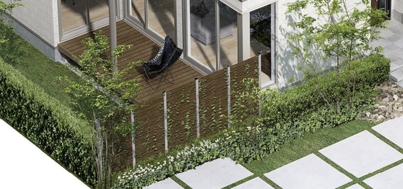 植栽や目隠しフェンスに囲まれたテラスの俯瞰画像