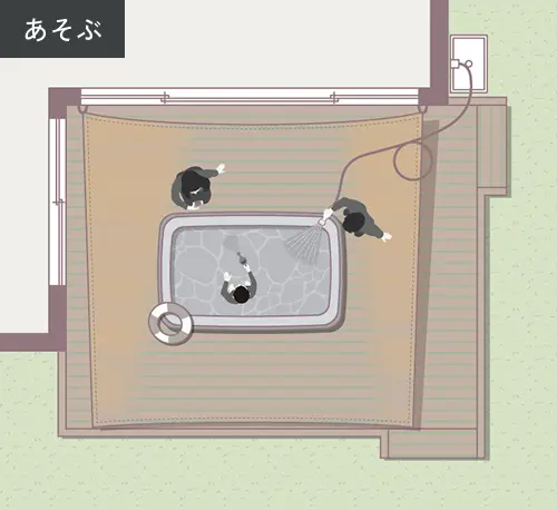 親子がプールで遊んでいるテラスの俯瞰図