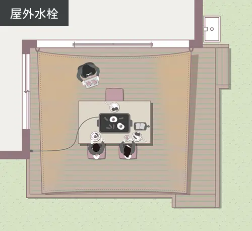 屋外水栓の場所を指すテラスの俯瞰図