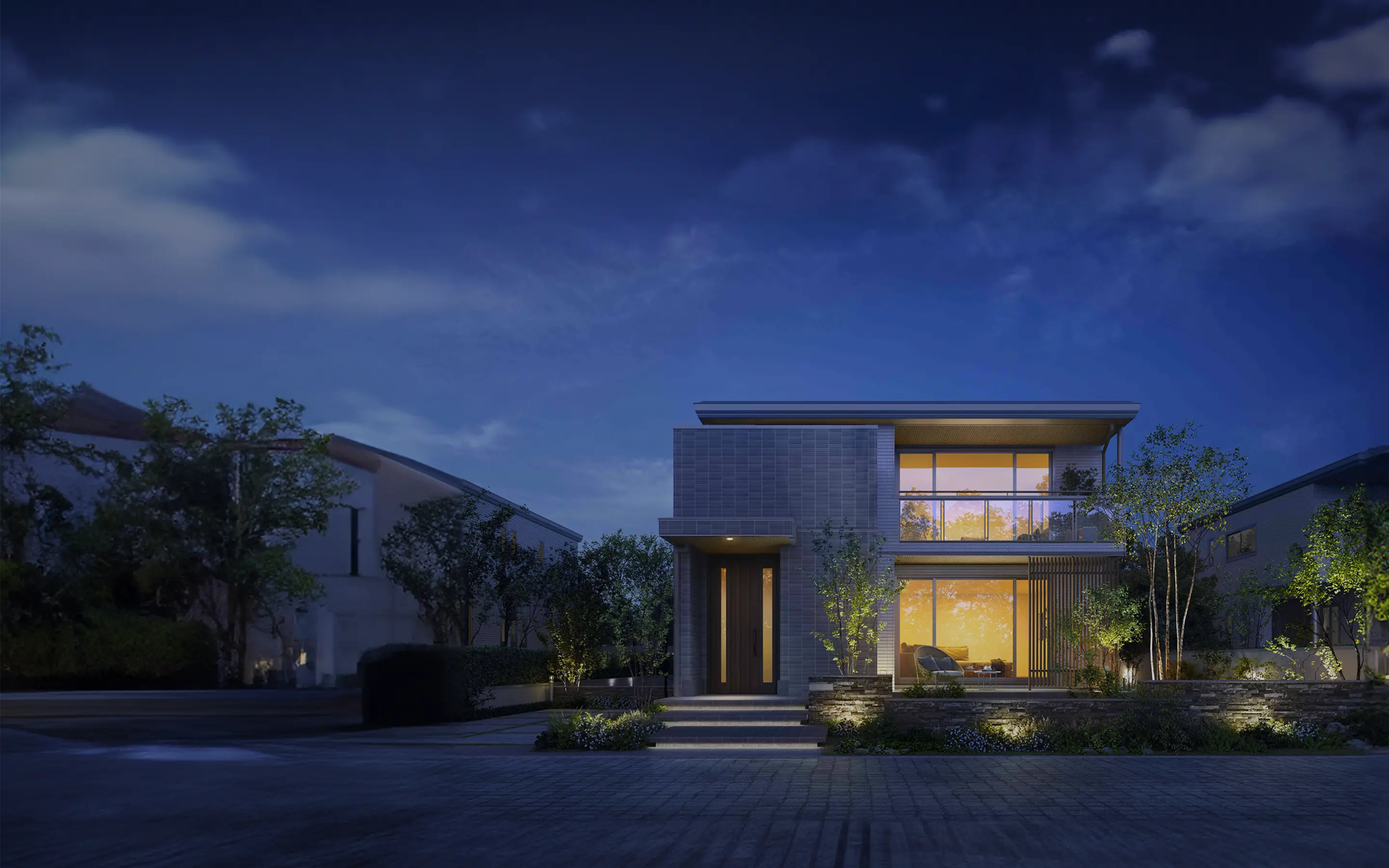 夜の戸建て住宅の外観