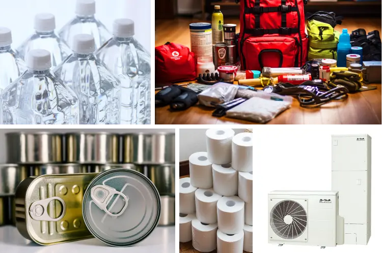 備蓄用水と非常用持ち出し袋と非常食とトイレットペーパー