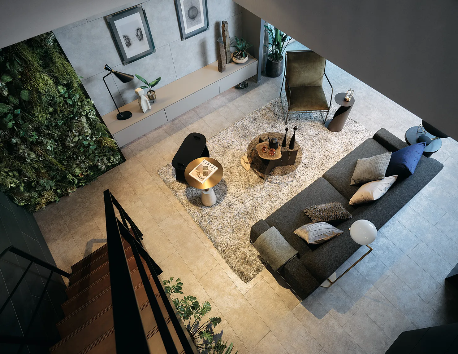 吹き抜けからみたリビング