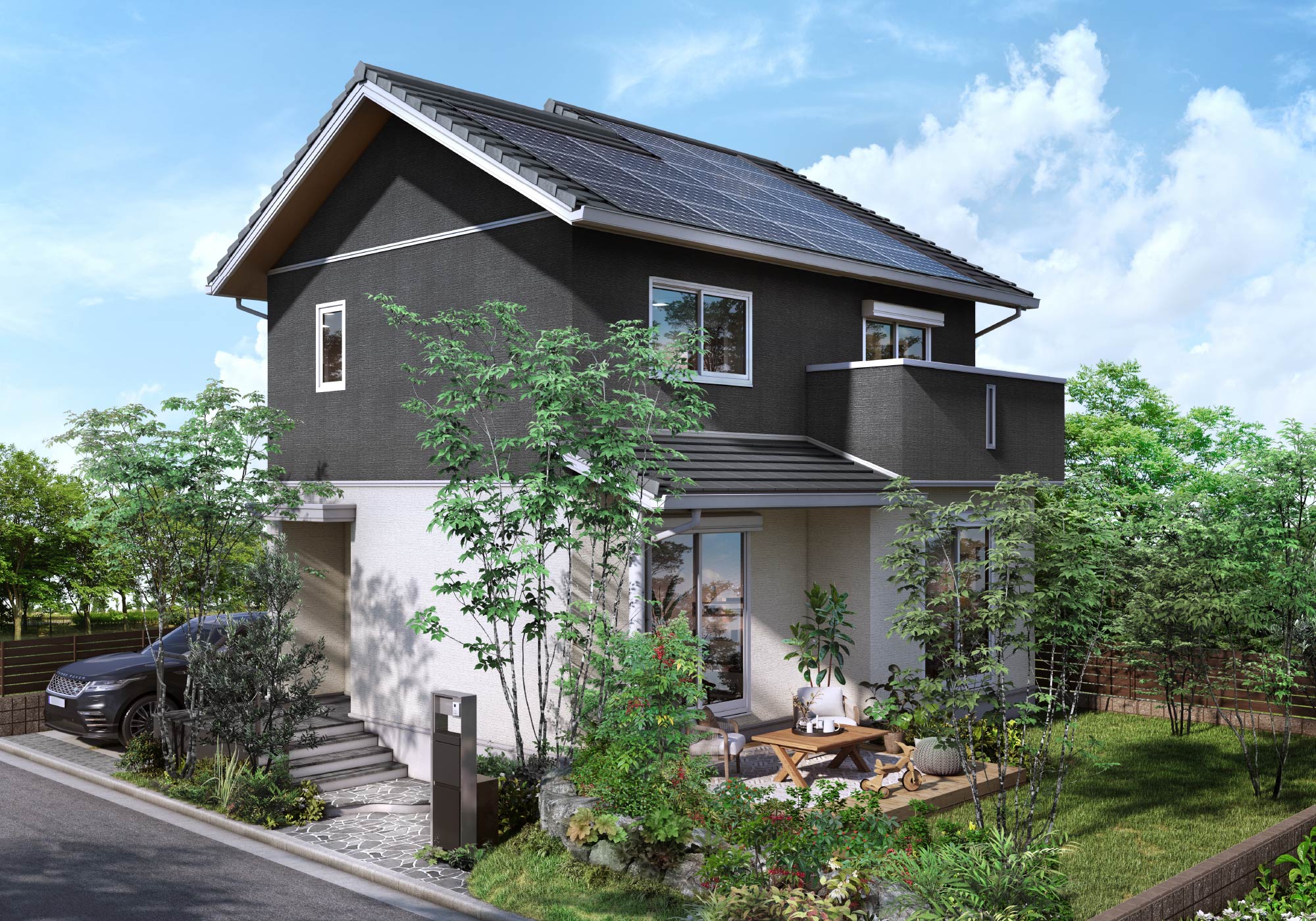 植栽に囲まれたテラスのある三角屋根の一戸建て