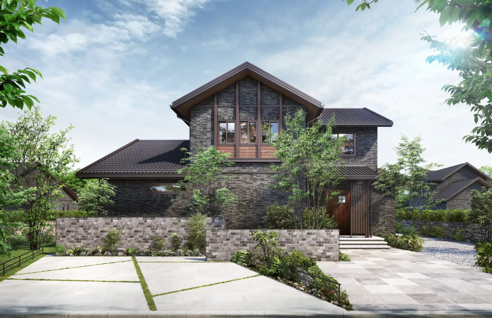 落ち着いた色を基調とした重厚感のある木の家の外観