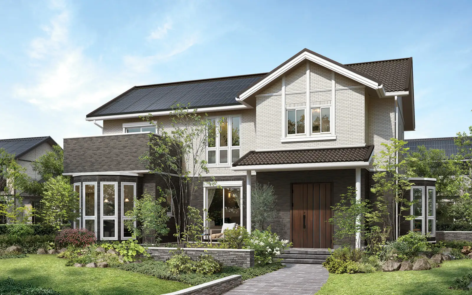 ボウウインドウが特長的な木の家の外観