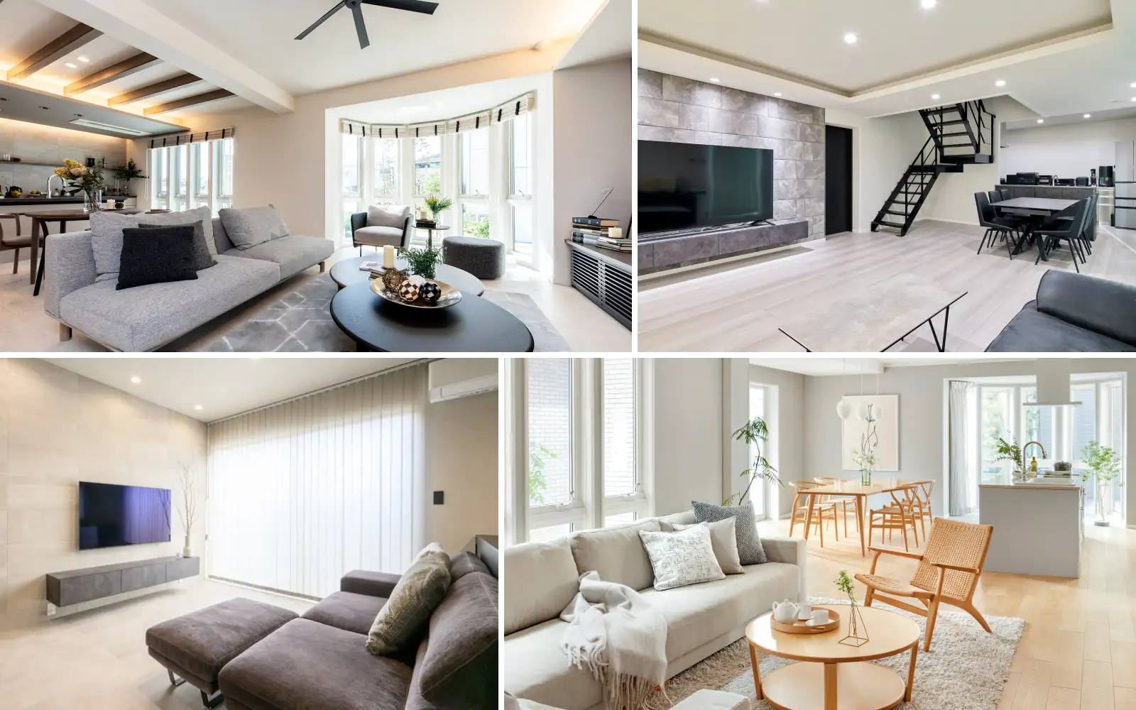 ボウウインドウから自然光が入る明るいリビング