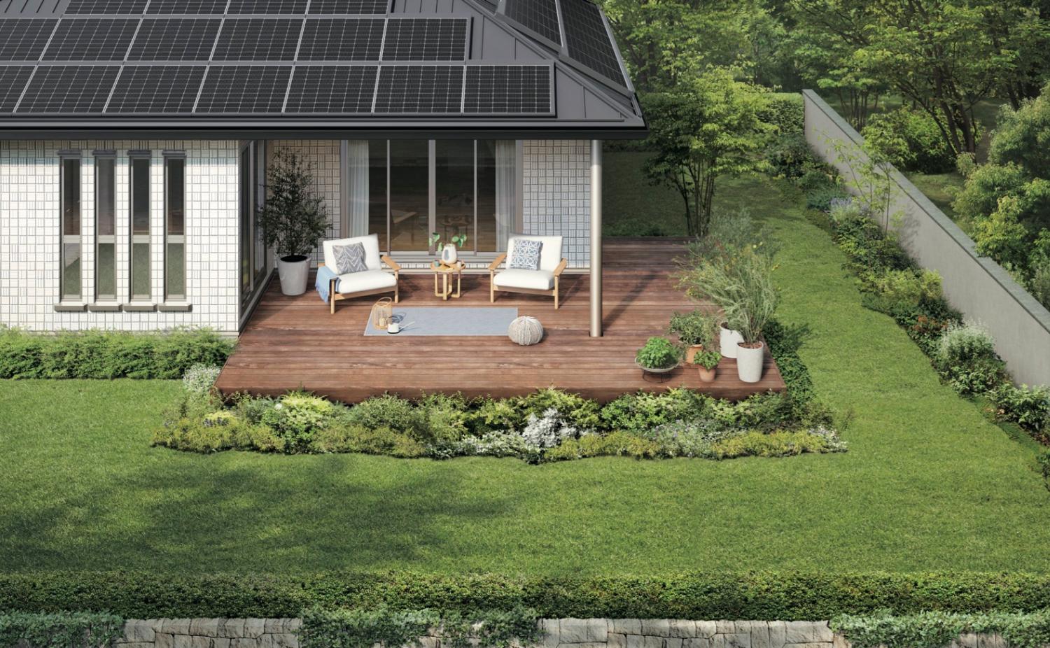 平屋から繋がるウッドデッキと庭