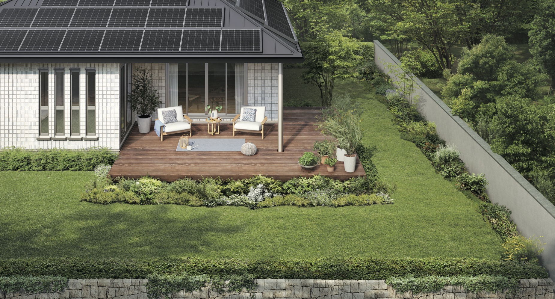 平屋からつながるウッドデッキと庭