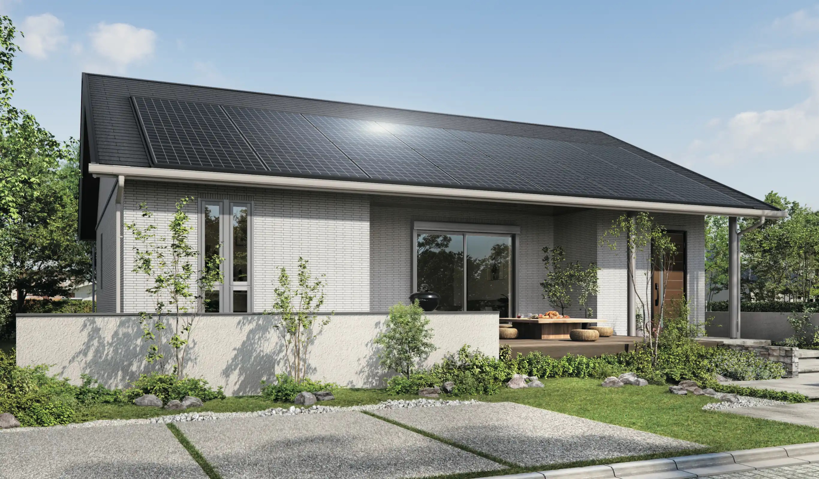 太陽光パネルを搭載したシンプルでモダンな平屋住宅の外観
