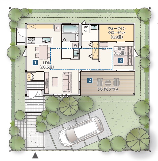 20坪の敷地を活かしたコンパクトで機能的な平屋の間取図