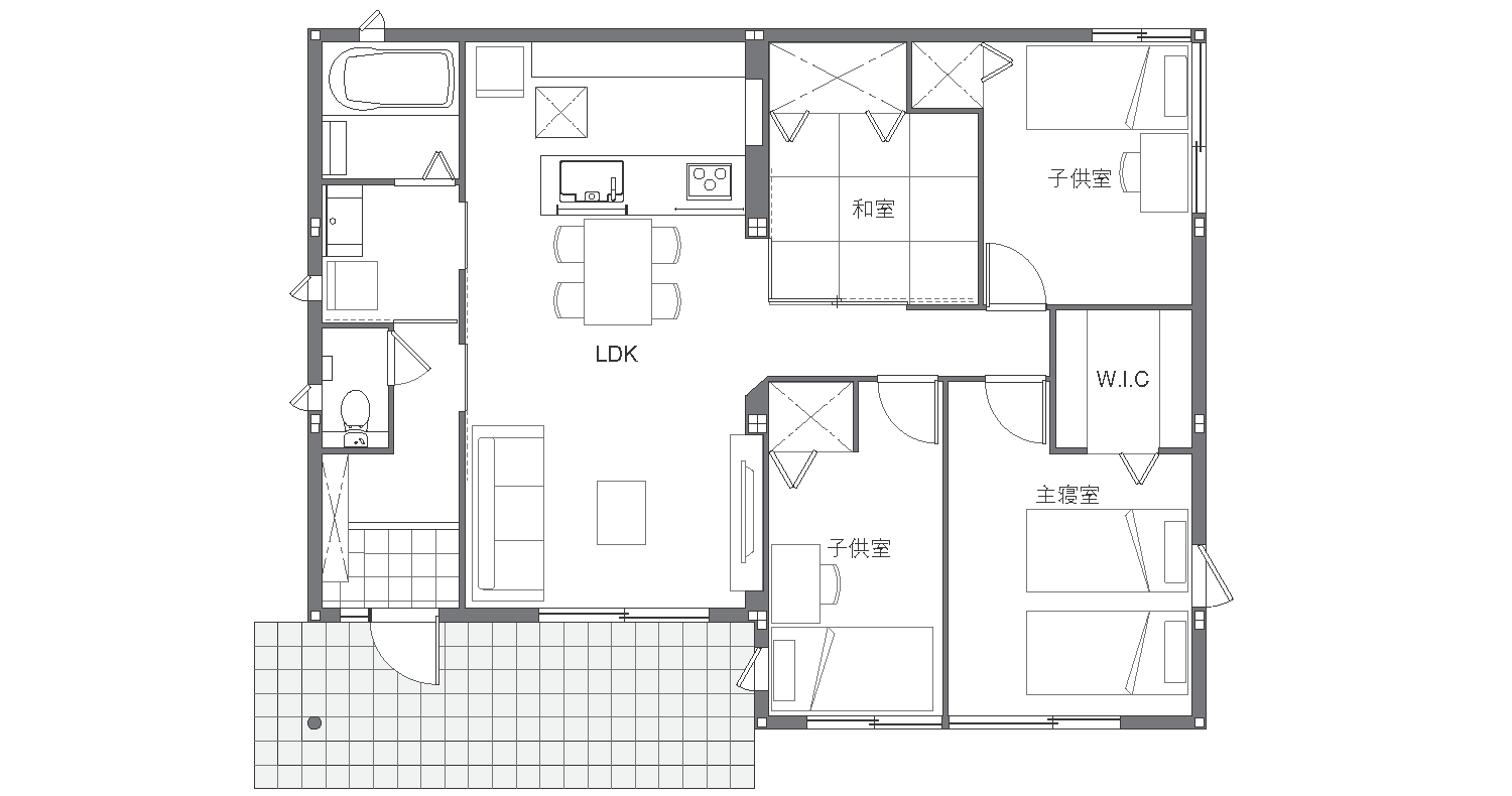 主寝室と子ども部屋2室があり、L字型の開口をもつフレキシブルスペースを設けた間取り