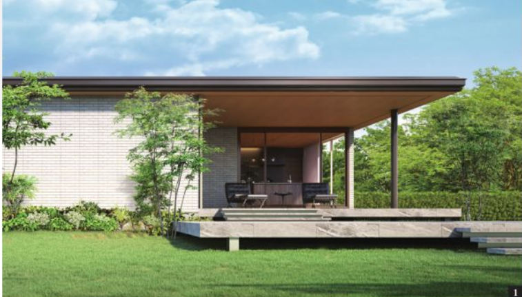 白い外壁と平らな大屋根が特徴的なモダン住宅