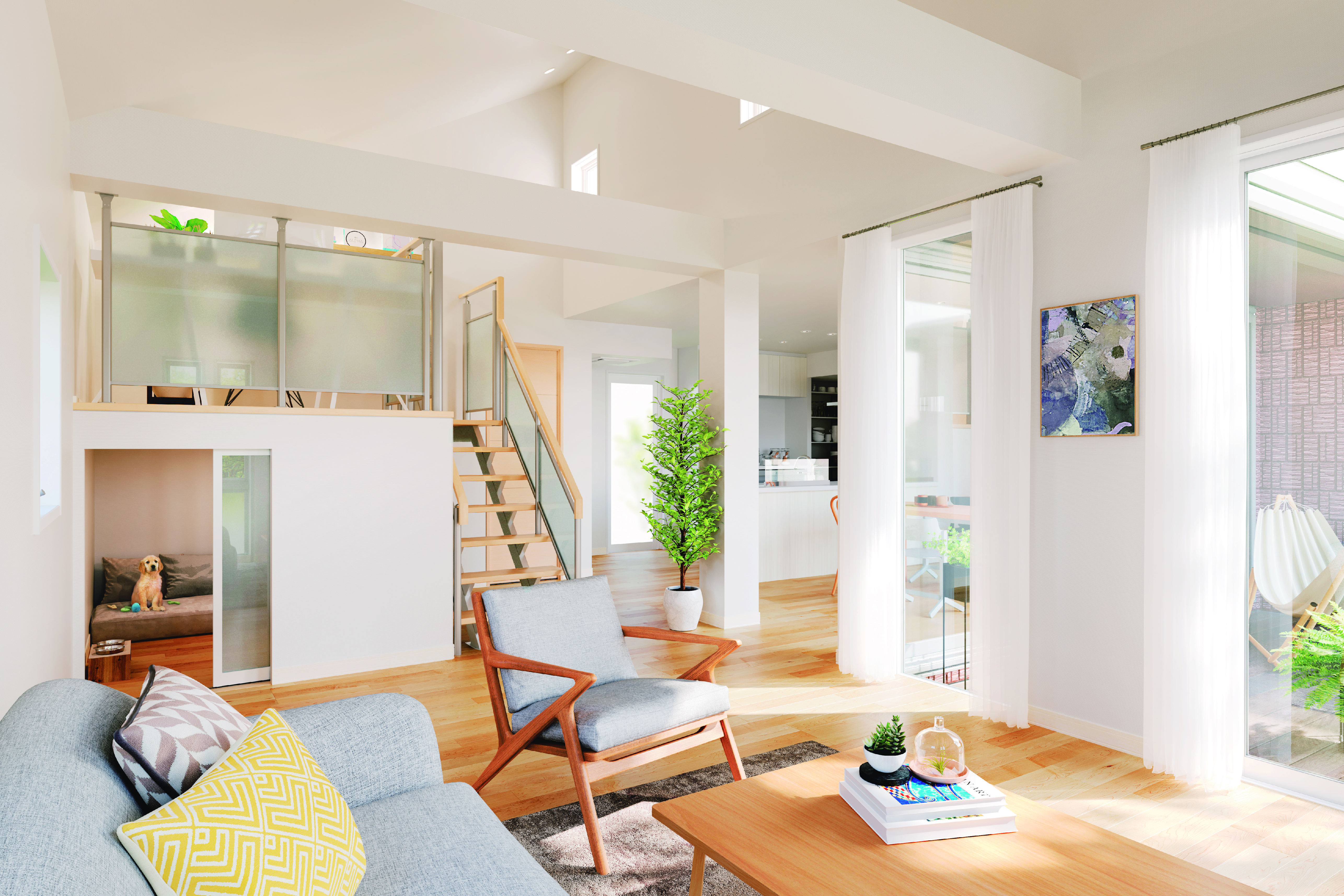 グレーのソファと木製テーブルがある、自然光が差し込む明るいリビング