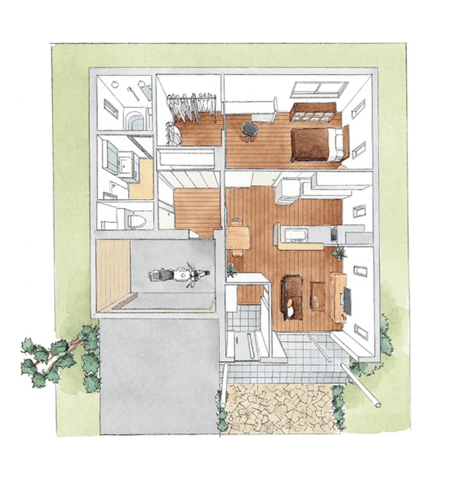 バイク用のガレージ、キッチン、リビング、寝室が描かれた間取り図