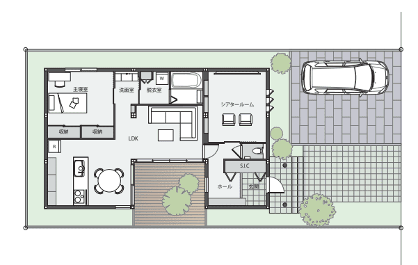 シアタールームやウッドデッキを備えた一人暮らし向け住宅の間取り図