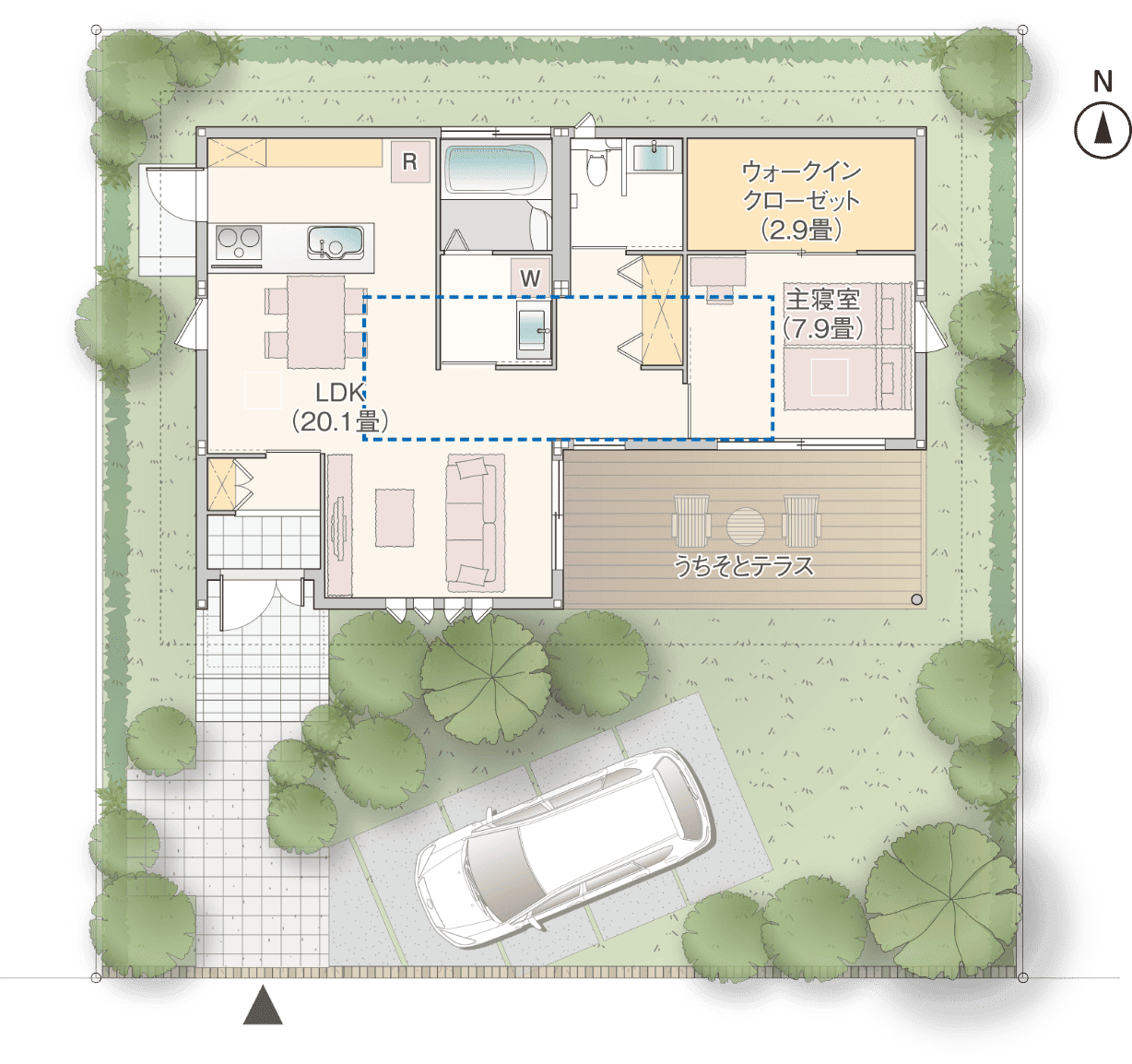 リビングと主寝室がウッドデッキにつながる１LDKの間取り図