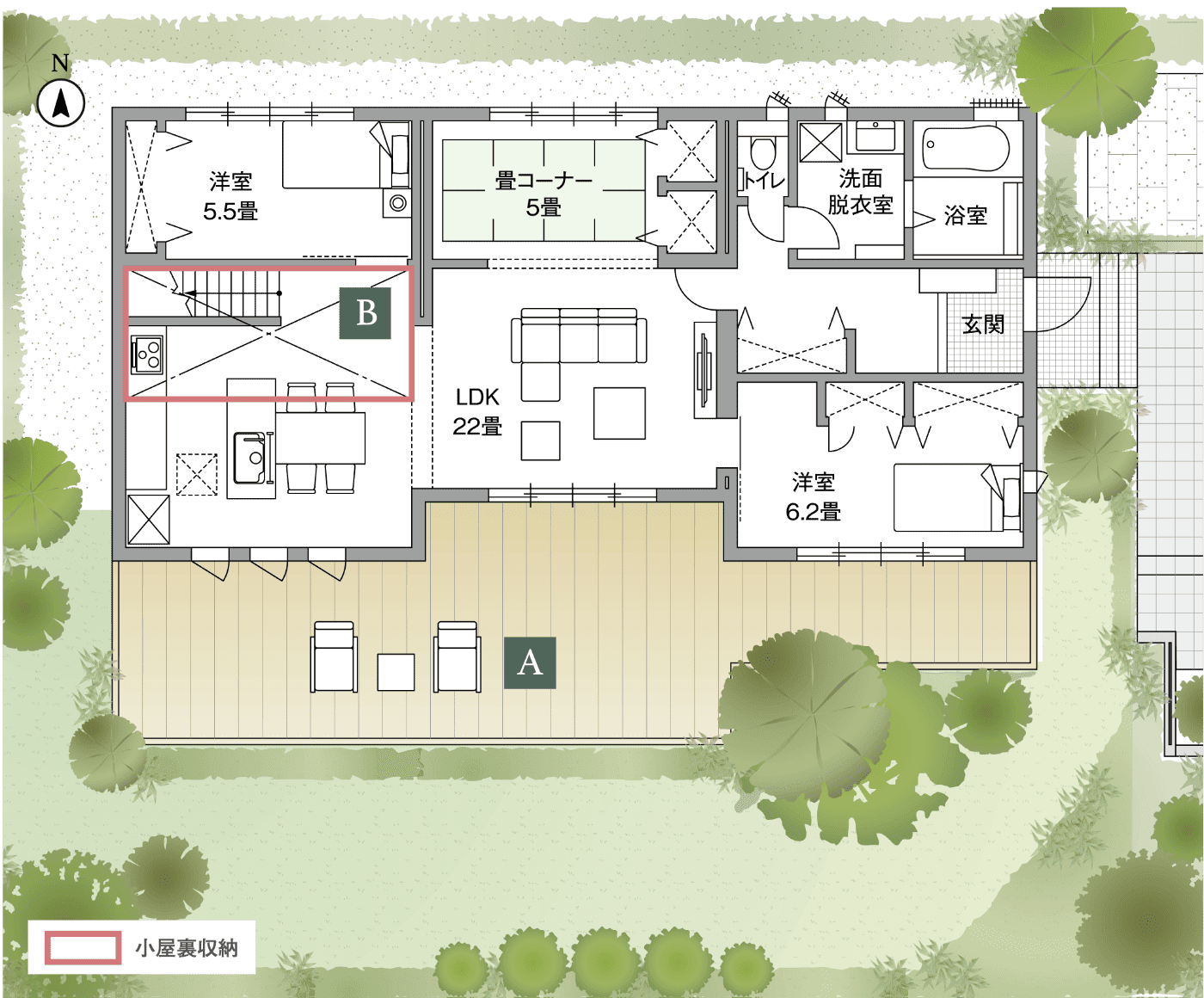 広々としたウッドデッキが特徴の開放的な２LDKの間取り図