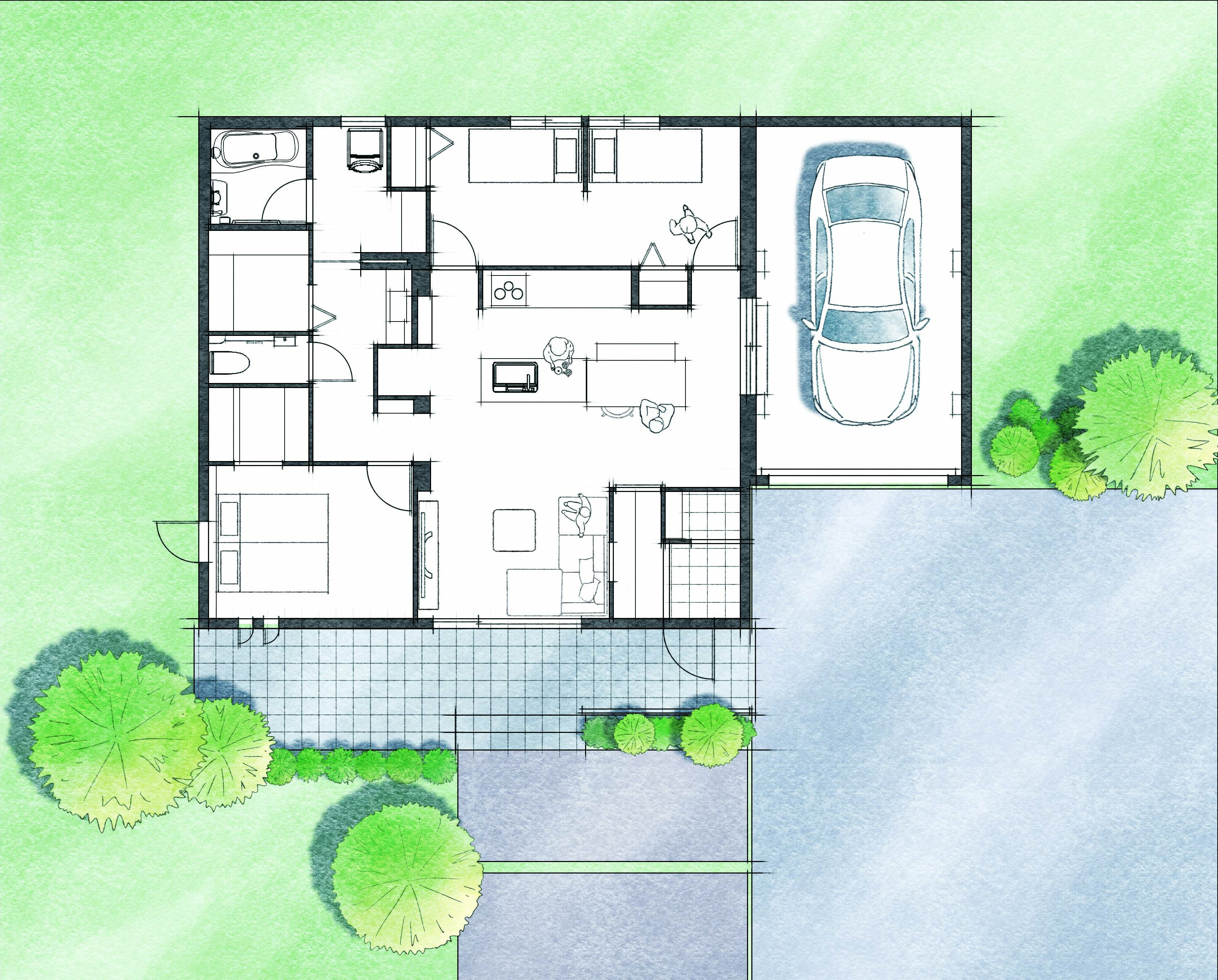 ビルトインガレージがある平屋の間取り