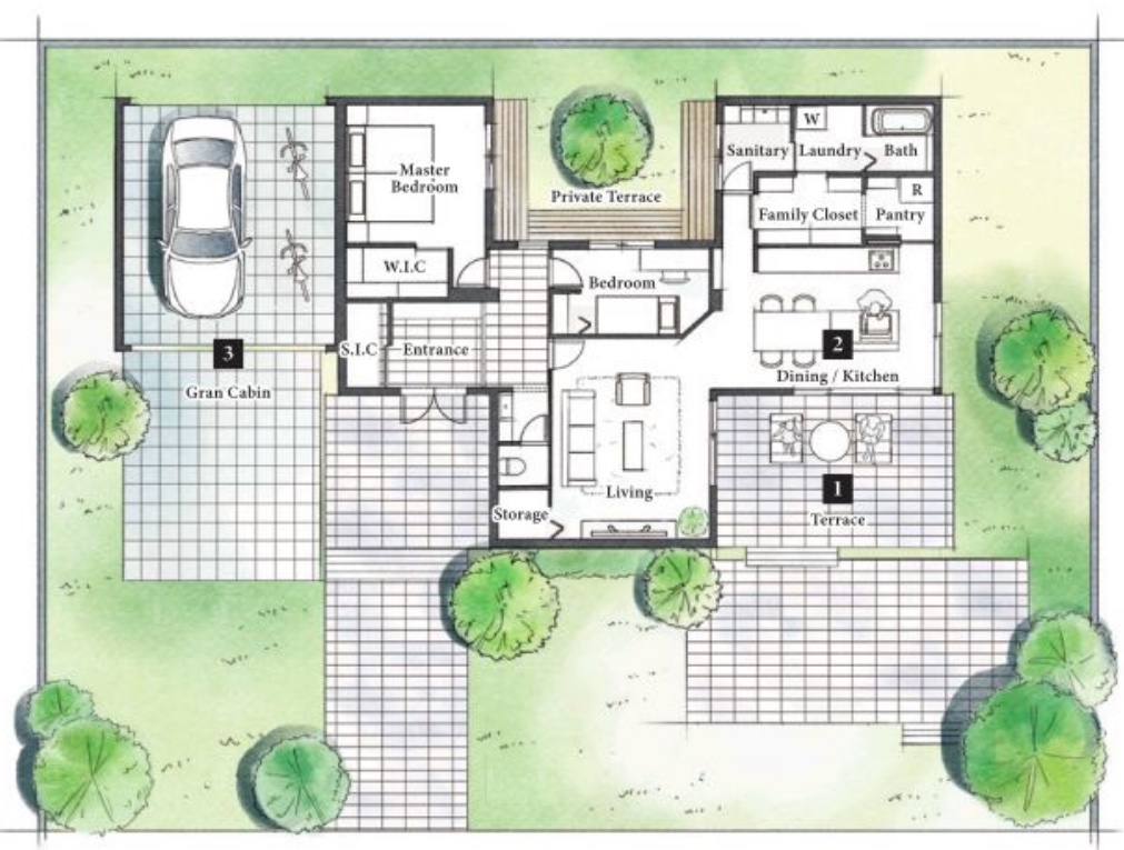 ビルトインガレージのある2LDKの平屋の間取り