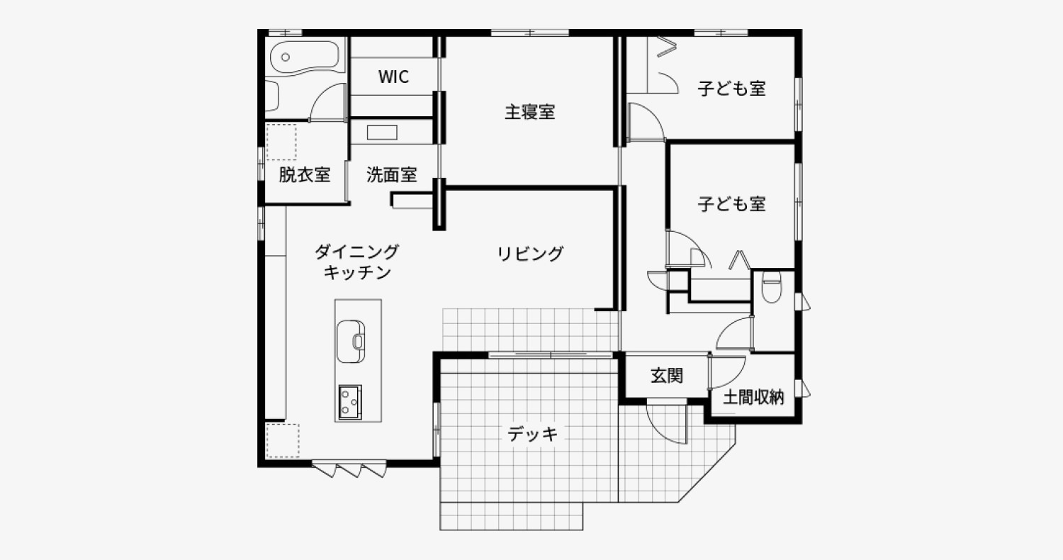 広いタイルデッキがある平屋の間取り
