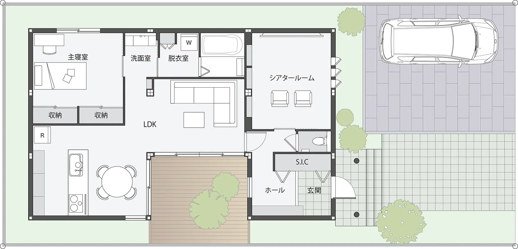 一人暮らしを充実させる23坪のコの字の平屋間取り図
