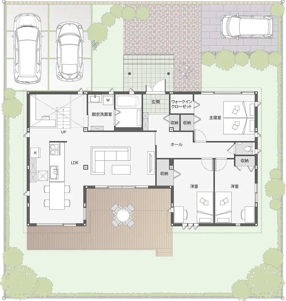 ねこちゃんとの暮らしを叶える34坪のコの字型平屋間取り図