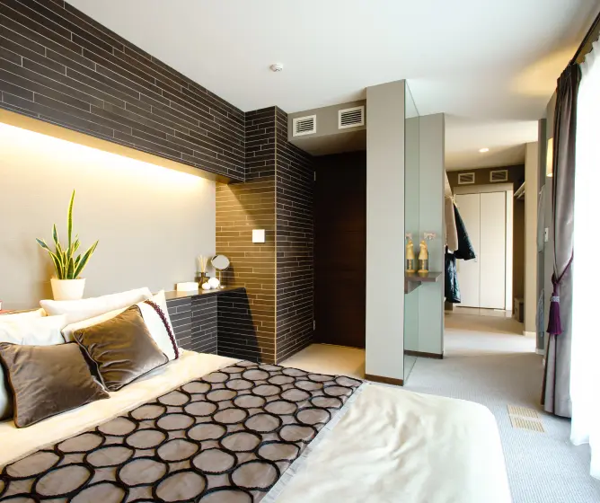 クローゼットや子供部屋への回遊動線がある寝室