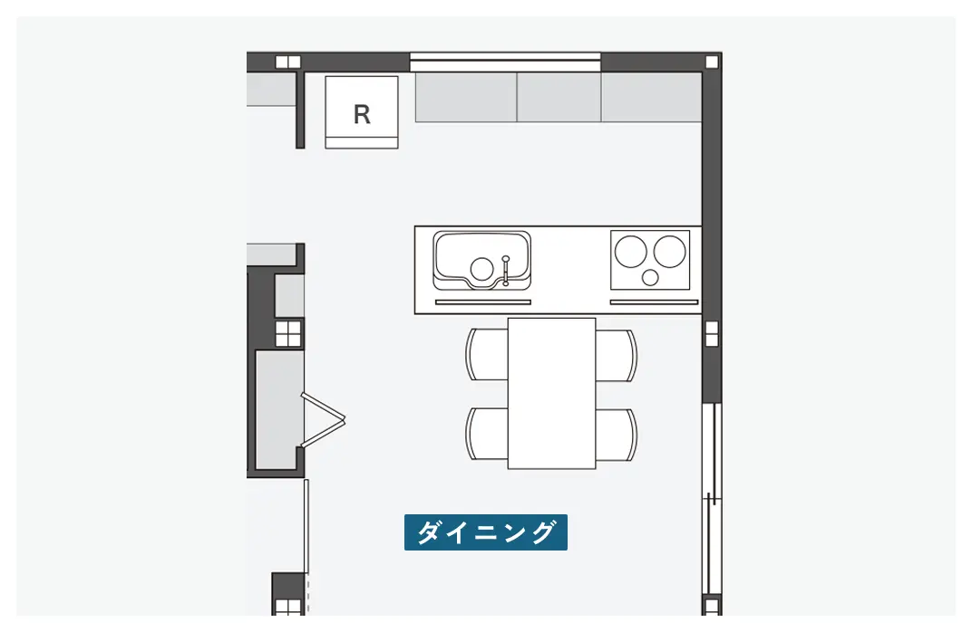 キッチンの対面にダイニングがある間取り図