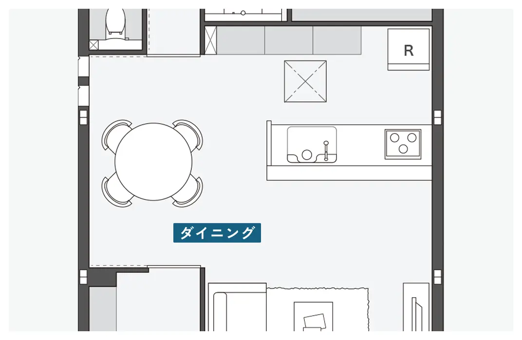 キッチンと横並びにダイニングがある間取り図