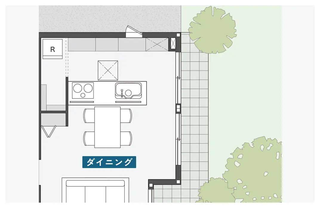 大きな窓に面した朝日が入るダイニング