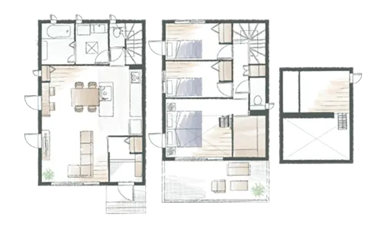 大空間LDKの2階建の間取り