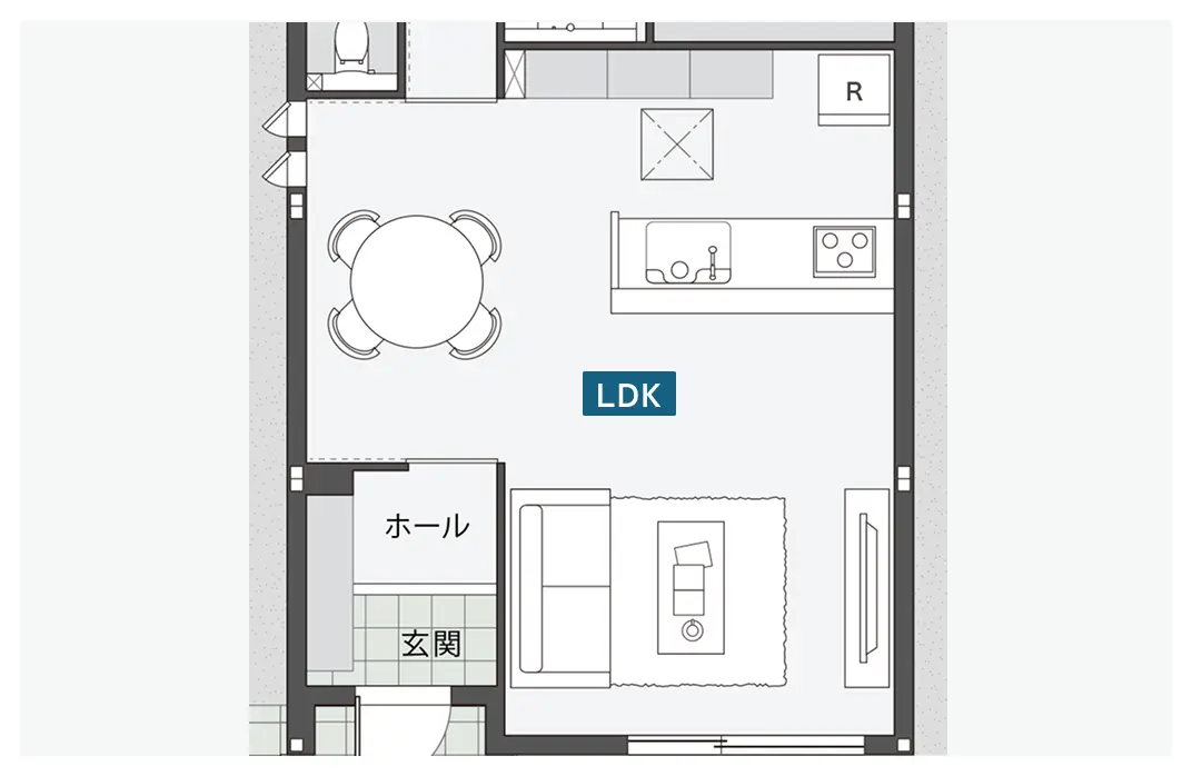 キッチンを中心としたL型のLDKの間取り図