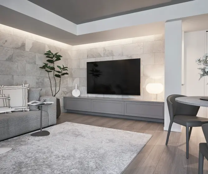 壁面がタイルで装飾されたグレートーンのリビング