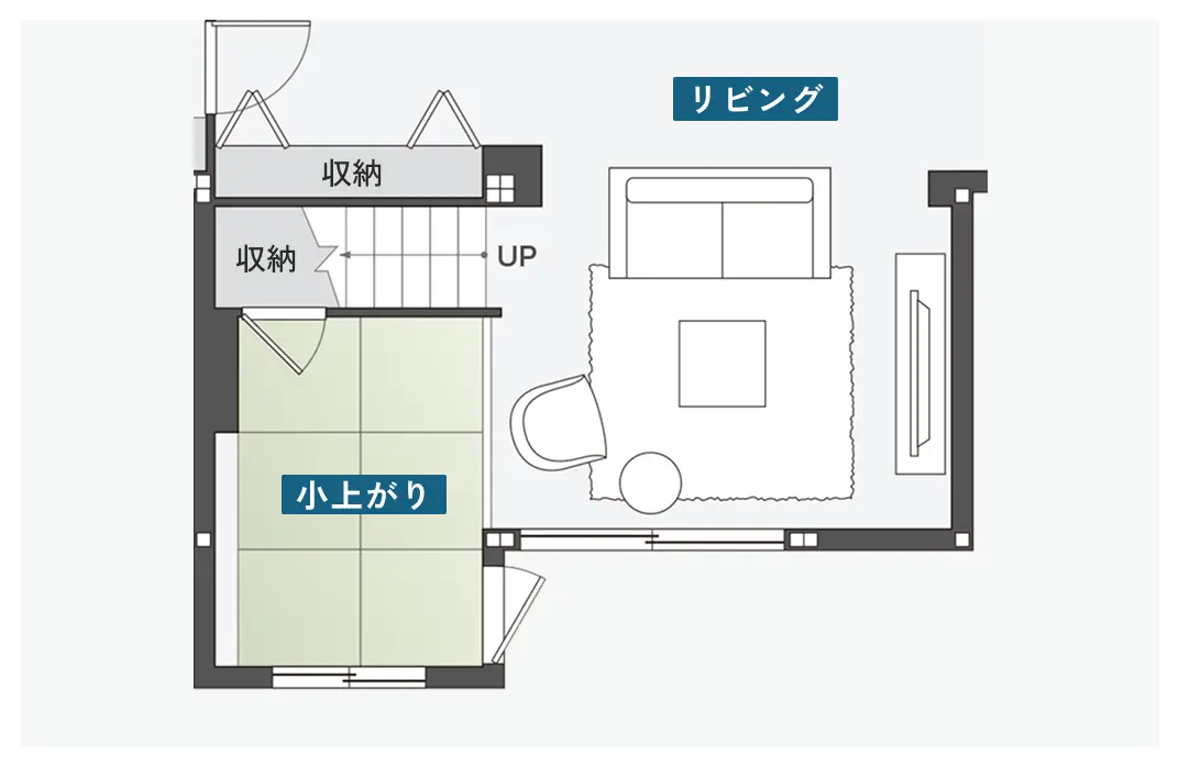 畳スペースが隣接したリビングの間取り図