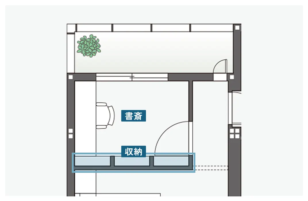壁面の埋め込み収納がたっぷりある書斎の間取り