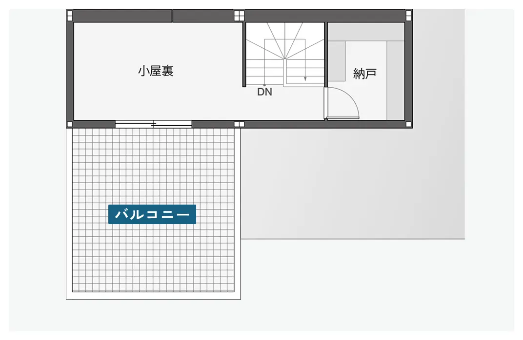 小屋裏から続く大きな屋上バルコニーがある間取り図