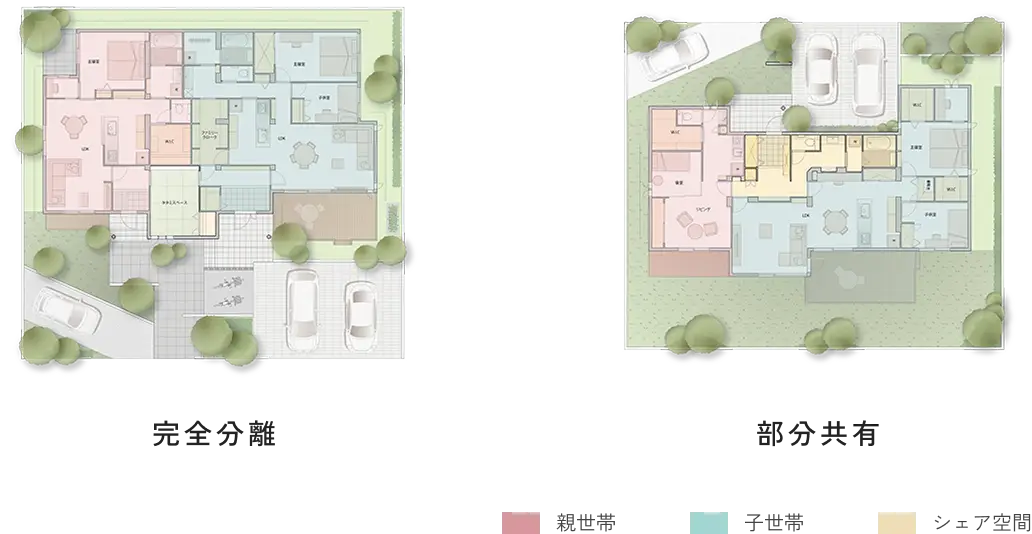 平屋の完全分離・部分共有の間取り図