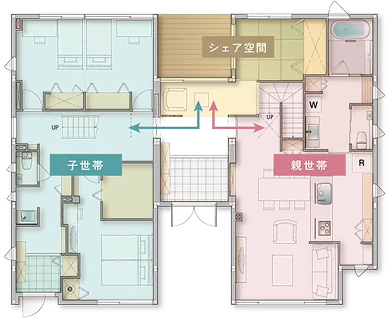 世帯別の空間とシェア空間のある、隣居スタイルの間取り図